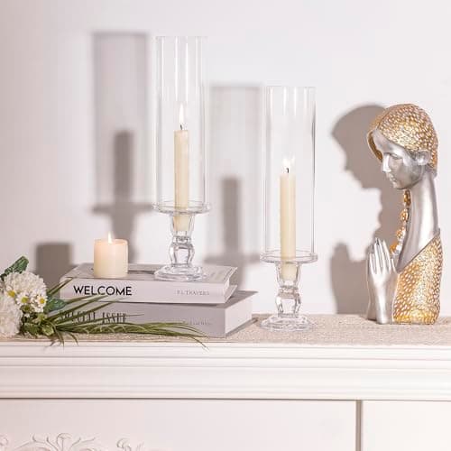 Lot de 2 bougeoirs Hurricane en verre transparent de 35,1 cm de haut pour bougies coniques, bougeoirs en verre pour centre de table, fête de mariage, salle à manger, événement