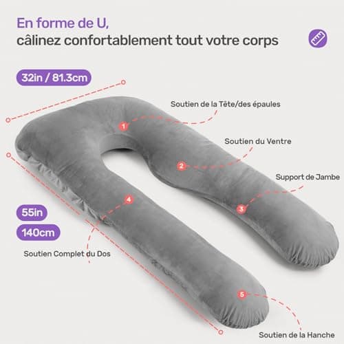 Nuliie Coussin de Grossesse pour Dormir, Oreiller de Corps Complet en Forme de U, Soutien pour Le Dos, Les Hanches et Les Jambes des Femmes Enceintes, avec Une Housse en Velours Lavable (Gris)