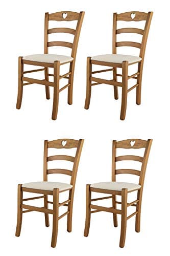 Tommychairs - Set 4 Chaises Cuore pour Cuisine, Bar et Salle à Manger, Robuste Structure en Bois de hêtre peindré en chêne et Assise rembourrée et revêtue en Tissu Couleur Ivoire