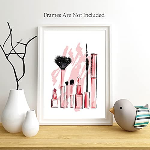 CREATCABIN 4pcs Mode Toile Mur Art Imprimer Affiche Ensemble Rose Talons Hauts Fleurs Parfum Maquillage Maison Mur Art Oeuvre Moderne pour Dressing Chambre Salle Bains Filles 8 x 10 Pouces