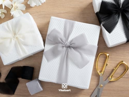 Vitalizart Ruban en Mousseline de Soie Noir, Fait Main avec Franges, Total 3,8 cm x 19,2 m, Ruban Effiloché pour Invitations de Mariage, Bouquets de Mariée, Cadeaux Emballages, Bricolage