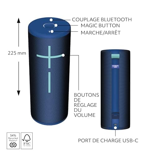 Ultimate Ears MEGABOOM 4, Enceinte Bluetooth Portable étanche avec Un Son Puissant à 360 degrés, Enceinte Flottante offrant Une autonomie de 20 Heures et Une portée de 45 m - Bleu