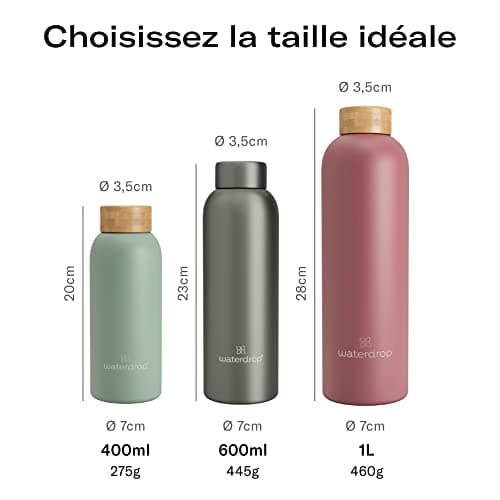 waterdrop® Gourde Isotherme | Bouteille Isotherme 600 ml | Garde le Chaud 12h & le Froid Jusqu’à 24h | Gourde en Inox, Étanche, Réutilisable, Sans BPA