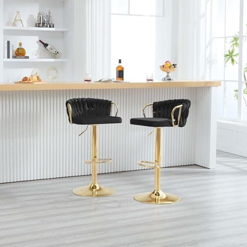 WOLTU Lot de 2 Tabouret de Bar avec Dossier Tissé et Repose-Pieds, Tabouret Pivotant à 360°, Hauteur Réglable, Base Évasée en Métal, Noir, BH426sz-2
