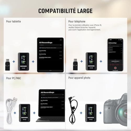 NEEWER CM28 Système de microphone cravate sans fil ,stockage de 4 Go pour 9 heures de 48 kHz 16 bits Micro cravate audio non compressé Compatible avec iPhone/Android/PC/appareil photo