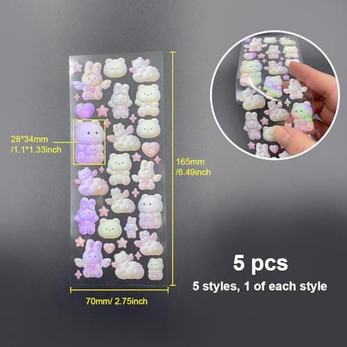 UMCHU 5 Feuilles Autocollants 3D,Gommettes Paillettes,Autocollants ours, lapin, papillon, cœur foncé, crème glacée,pour ordinateur portable DIY Scrapbook(5 styles)