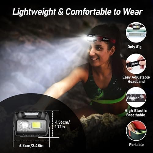 Blukar Lampe Frontale Rechargeable, 2000L Super Lumineux IPX5 Étanche | Léger Torche Frontale LED Puissante avec Voyant Rouge, 8 Modes d'éclairage, Capteur Mouvement, 30H d'autonomie pour Course