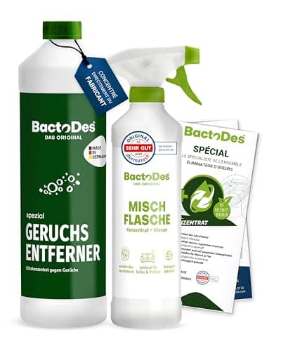BactoDes - Desodorisant Maison 1L concentré avec Vaporisateur mélangeur - Nettoyant enzymatique Universel avec Action microbienne Bio - Élimination Efficace de Toutes Les Odeur Maison