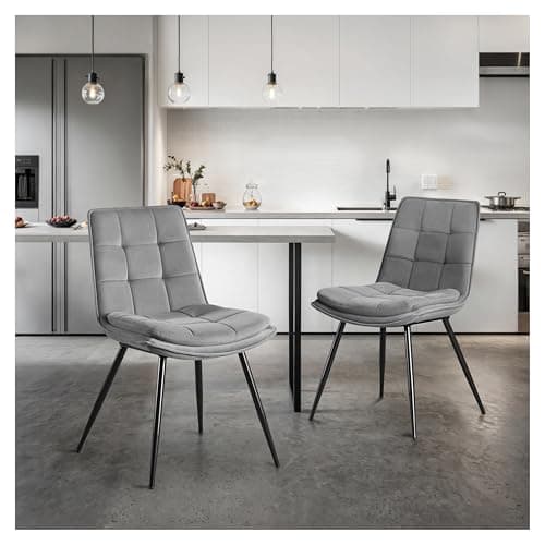 STOOLINK Lot de 2 Chaise Salle à Manger, Chaise de Salle à Manger en Velours, Moderne Chaise de Salle Rembourrée, Chaise de Cuisine sans Accoudoirs Design en Damier pour Cuisine, Salon - Gris