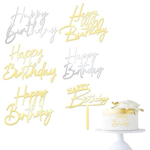 Irikdescia Lot de 6 décorations de gâteau Happy Birthday, différentes formes pour faire briller les gâteaux d'anniversaire, en acrylique, accessoires de fête d'anniversaire (doré, argent)