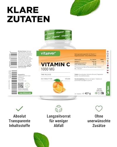 Vitamine C 1000mg - 365 comprimés par an - Effet à libération prolongée - Testé en laboratoire - Vitamine C + Extrait d'églantier + Bioflavonoïdes d'agrumes - Végétalien - Fortement dosé
