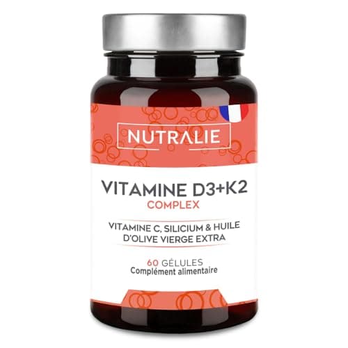 Vitamine D3 K2 (MK7) Haute Dose 10000 UI - Vit C + Huile d'Olive - 20 Mois Traitement - Os Muscles Système Immunitaire - Vitamine D BIO-disponible avec Vitamine K2 C et Silicium - 60 Gélules NUTRALIE
