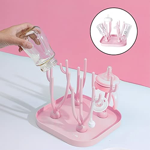 Spldsun Séchoir Bouteille, PP Support Biberon, Support Séchage Bouteille Amovible, pour Tasses, Bouteilles, Couvercles, Cuillères (Rose)