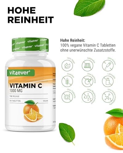 Vitamine C 1000mg - 365 comprimés par an - Effet à libération prolongée - Testé en laboratoire - Vitamine C + Extrait d'églantier + Bioflavonoïdes d'agrumes - Végétalien - Fortement dosé