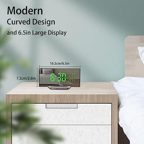 Derkiewn Réveil numérique, Grand écran LED de 6,5 Pouces, réveil de Chevet avec température et humidité, Horloge Miroir avec 3 réveils, luminosité réglable, Sieste, Alimentato USB (Vert)
