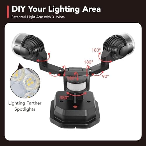 OREiN Projecteur LED Exterieur Detecteur de Mouvement, Eclairage Exterieur de Sécurité 450°, 12W=150W 1600LM Lampe Extérieur à Double Tête, Spot LED Extérieur IP65 Étanche pour Patio Cour Garage