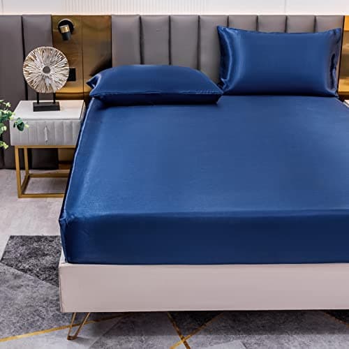 Drap Housse Satin 90x200 cm 1 Personne avec Grand Bonnet de 30 cm pour Matelas Épais - Drap-Housse Douce en Satin de Soie Polyester Couleur Unie, Bleu Marine