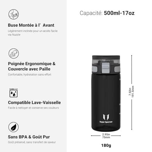 Super Sparrow Gourde Enfant - 500ml - TouchSip Bouteille d'eau avec Paille - Tritan Sans BPA - Idéale pour le Sport, l’École et les Activités en Plein Air