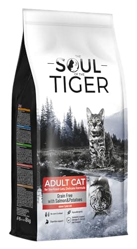 The Soul of the Tiger - Croquettes pour chats adultes castrés, à la formule délicate sans céréales, goût saumon et pommes de terre, 8 kg