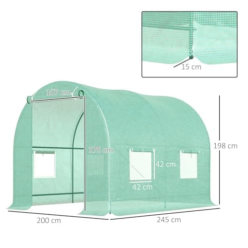 Outsunny Serre de Jardin Tunnel 5 m2 2,5L x 2l x 2H m Acier renforcé Ø 1,8 cm + PE Haute densité 140 g/m2 fenêtres Porte déroulante Vert