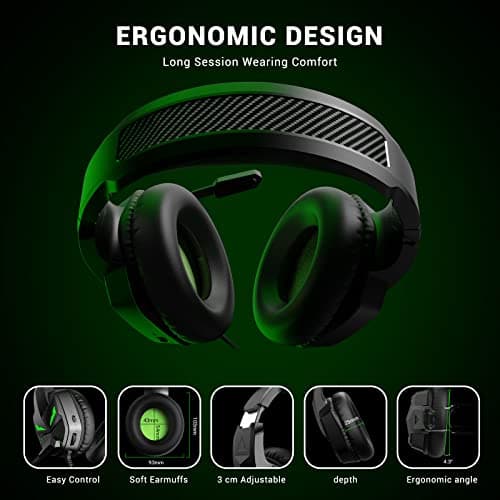 EKSA Fenrir Casque Gaming à Réduction de Bruit avec Micro pour Xbox One PC PS4 PS5 Switch avec Lumière LED, 3D Stéréo Surround Casque Audio pour Prise 3,5MM, Noir Vert