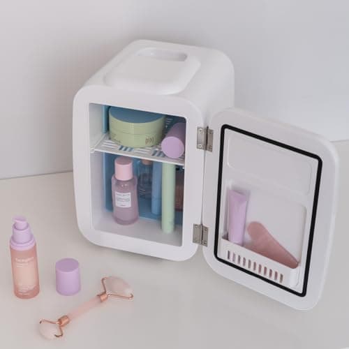 Flamingueo Mini Frigo - Petit Frigo 4L, Mini Frigo de Chambre, Frigo 12V/220V, Fonction Chaud et Froid, Mini Frigo Skincare, Frigo Cosmetique