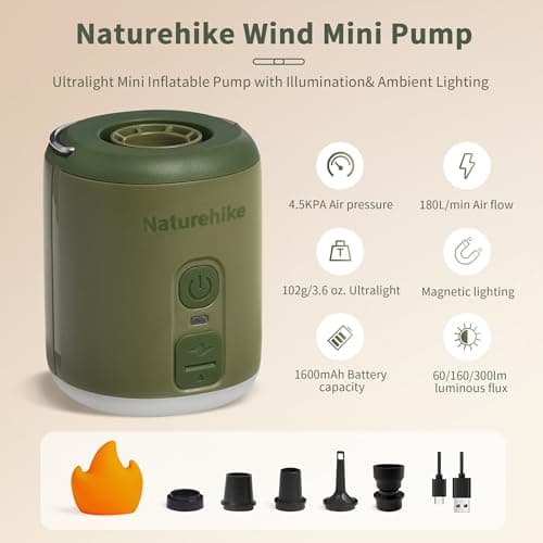Naturehike Wind-Mini 1600 mAh Pompe à air à Batterie Rechargeable USB-C Mini Pompe à air de Camping Pompe à air électrique portative éclairée Pompe à air sur Coussin d'air avec 6 Buses d'air