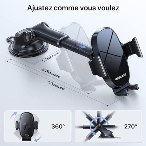 Miracase 【4-en-1】 Support Telephone Voiture, Porte Telephone Voiture Ventouse pour Tableau de Bord & Pare-Brise & Sortie d'air & Bureau Compatible avec Tous Les Smartphones 4.0''-7.0''