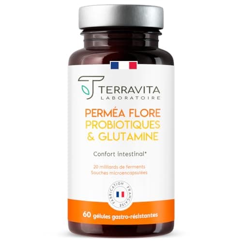 PERMEA FLORE | Probiotiques et Glutamine | Flore Intestinale et Cicatrisation de la Muqueuse | Idéal Contre la Perméabilité Intestinale | 60 Gélules Gastro-résistantes | Made in France | Terravita