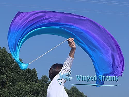 Winged Sirenny 1 Pièce 180cm Poi Voile de Danse Orientale (Baladi), Accessoire De Danse Ventre en Vraie Soie (Turquoise-Bleu-Violet)