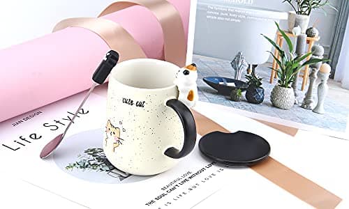 XinHuiGY Tasse de chat,Tasse à café mignonne en céramique,avec couvercle en forme de chat 3D et cuillère,pour thé, lait, chocolat chaud, cadeau pour Noël, anniversaire pour filles et femmes (Jaune)