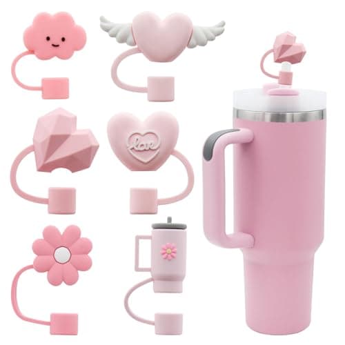 Ruzister Lot de 6 couvercles de paille en silicone compatibles avec Stanley Cup - Adorable embout de paille rose - Compatible avec les gobelets de 10 et 10 ml avec poignée - 10 mm