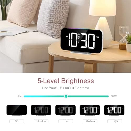 LOFICOPER Réveil Numérique, Horloge de Chevet Numérique avec 10 Modes de Lumière de Nuit RVB, Grand Écran de 16,8cm, 5 Luminosités Réglables, Double Alarme, Répétition, Port de Charge USB