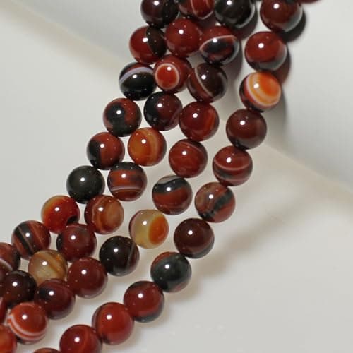 MJDCB 10mm 35 pièces Agate Rayée Rouge Brune Perle Pierre Naturelle Ronde en Vrac Perles Semi Precieuse pour Fabrication de Bijoux de Bracelets et de Colliers