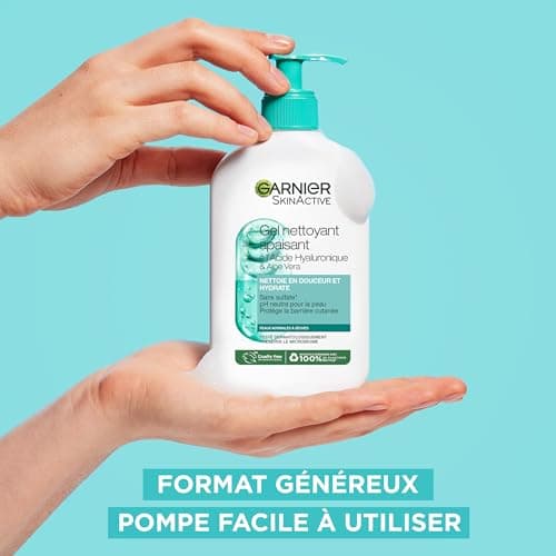 GARNIER Skin Active - Gel Nettoyant Apaisant - pH Neutre - Élimine Maquillage & Impuretés - Hydrate & Repulpe - Enrichi En Aloe Vera, Glycérine & Acide Hyaluronique - Vegan & Cruelty Free - 250 ml