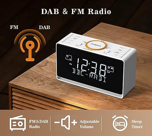 iTOMA Réveil Radio Dab et FM avec 40 presets, Bluetooth, Double Alarme, minuterie de Sommeil, contrôle de Gradation, Chargeur USB et Prise Casque 728