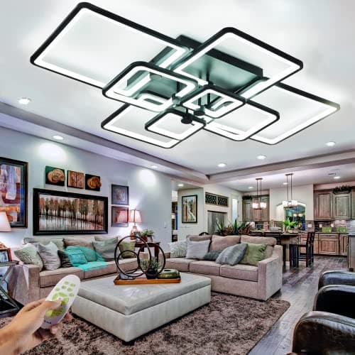 HIHIHOMY Plafonnier LED,L106cm Plafonnier Led Salon Dimmable avec Télécommande, Moderne Plafonnier Led Salon,Noir Plafonnier led 8-Light Creative Acrylique Design 120W 3000K-6500K