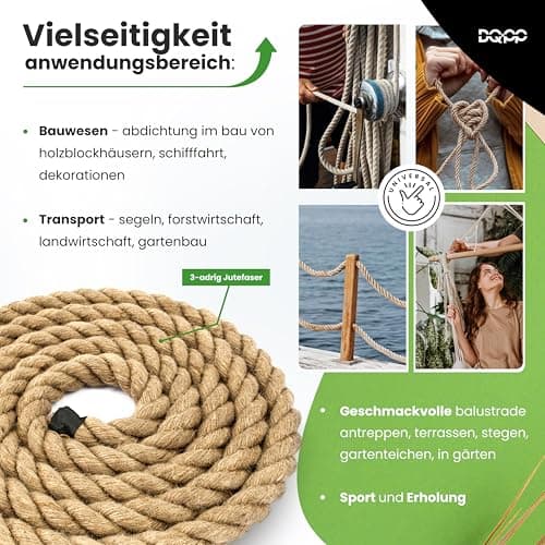 DQ-PP Corde en Jute | 5m | 46mm d'épaisseur | Naturel Fil de Jute | Ficelle de Jute | Naturelle Deco Cordelette Balancoire Jardin