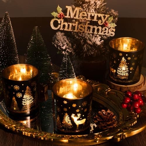 Toptime Set de 3 Bougeoir Noel, Photophore en Verre Noir et Doré pour Centre de Table Noel, Pot en Verre pour Bougie avec Arbre de Noël, Renne, Flocons de Neige, Photophore Bougie pour Le Nouvel an
