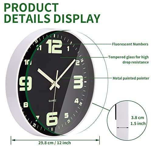ACCSHINE Horloge Murale Lumineuse sans Bruit de tic-tac silencieuse - 30 cm - Quartz Moderne - Grande Horloge Murale à Piles - Facile à Lire - pour Chambre, Maison, Cuisine, Chambre, Bureau, école
