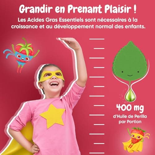 Oméga 3 Enfants - Huile de Perilla 400mg/Portion (ALA 60%) - 120 Gummies Vegan (3-12 Ans) Pour La Croissance Des Enfants - Gummies Enfants Goût Fraise, Framboise - Alternative à l'Huile de Poisson