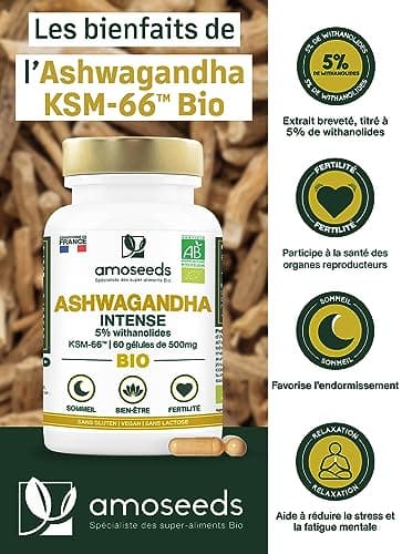 Ashwagandha BIO Breveté KSM-66TM | Extra Fort : 5% withanolides | Stress, Sommeil, Énergie, Bien-Être | 60 gélules vegan de 500mg | Qualité Supérieure