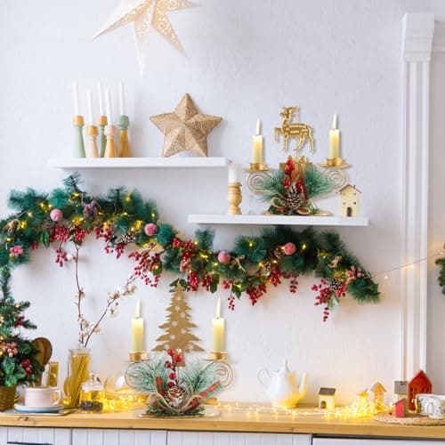 SilverChry Bougeoirs de Noël Bougeoirs Candélabres en Métal Chandelier avec Elk Arbre de Noël, Pommes de Pin et Baies Rouges, Décoration Centre de Table Fête Noël pour Maison,Cheminée,dîner,Avent (ML)