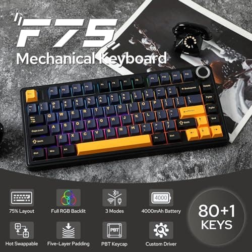 EPOMAKER x Aula F75 Clavier Mécanique Gasket à 75%, sans Fil/Bluetooth/USB-C, avec Cinq Couches de Coussinets, Bouton, RVB, Batterie, NKRO (Black, Reaper Switch)