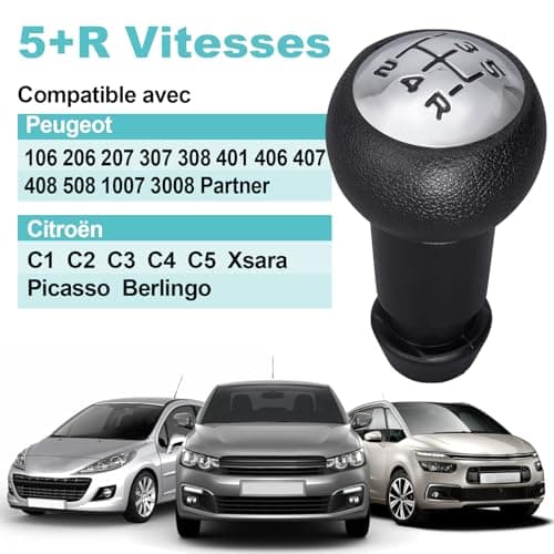 Spurtar Pommeau de levier de vitesses manuel 5 vitesses pour Peugeot 106 107 207 301 307 308 407 408 508 3008 1007 / pour CITROEN C2 C3 C4 Picasso - Noir et argent