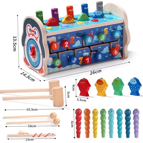 funsonjoy Jouet Bebe 1 An Fille, Jouet Enfant Montessori 1 An, Cadeau Enfant Bebe 1 2 3 An Fille Garcon, 6 en 1 Jeux Bois Bebe 1 An avec Jeu de Taupe & Jeu de Pêche & Xylophone Bebe & Horloge Jeu 1 An