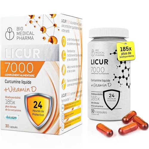 Curcumine avec Vitamine D3 – Biodisponibilité 185x plus élevée – Micellar Curcumin NovaSOL – 1 gélule par jour – équivaut à 6 600 mg d'extrait de curcuma – Licur 7000 + Vitamine D (30 Capsules)