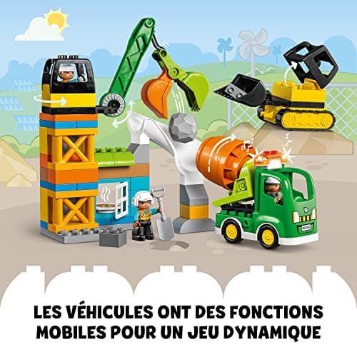 LEGO Duplo Ma Ville Le Chantier de Construction avec Grue, Bulldozer et Bétonnière - Jouet Sensoriel avec de Grandes Briques, Sons et Lumières - Idée Cadeau pour Garçons et Filles Dès 2 Ans 10990