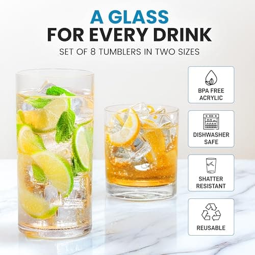 Zulay Kitchen Ensemble de gobelets incassables en plastique 8 pièces - Verres acryliques transparents durables - Sets de verrerie acrylique de 12 oz et 16 oz - Ensemble de verres en plastique