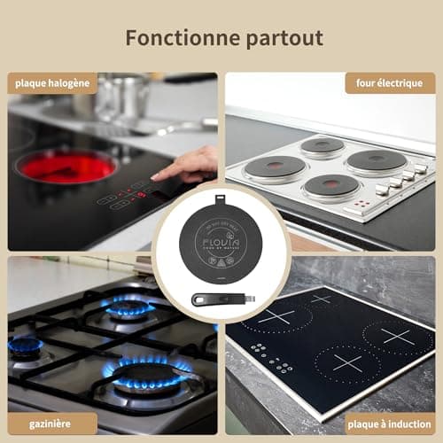 Plaque Adaptateur Induction Ø24cm avec Poignée Amovible, Diffuseur de Chaleur pour Casseroles Non-Inductives, Compatible Induction, Gaz & Électrique. Noir sans Décoloration